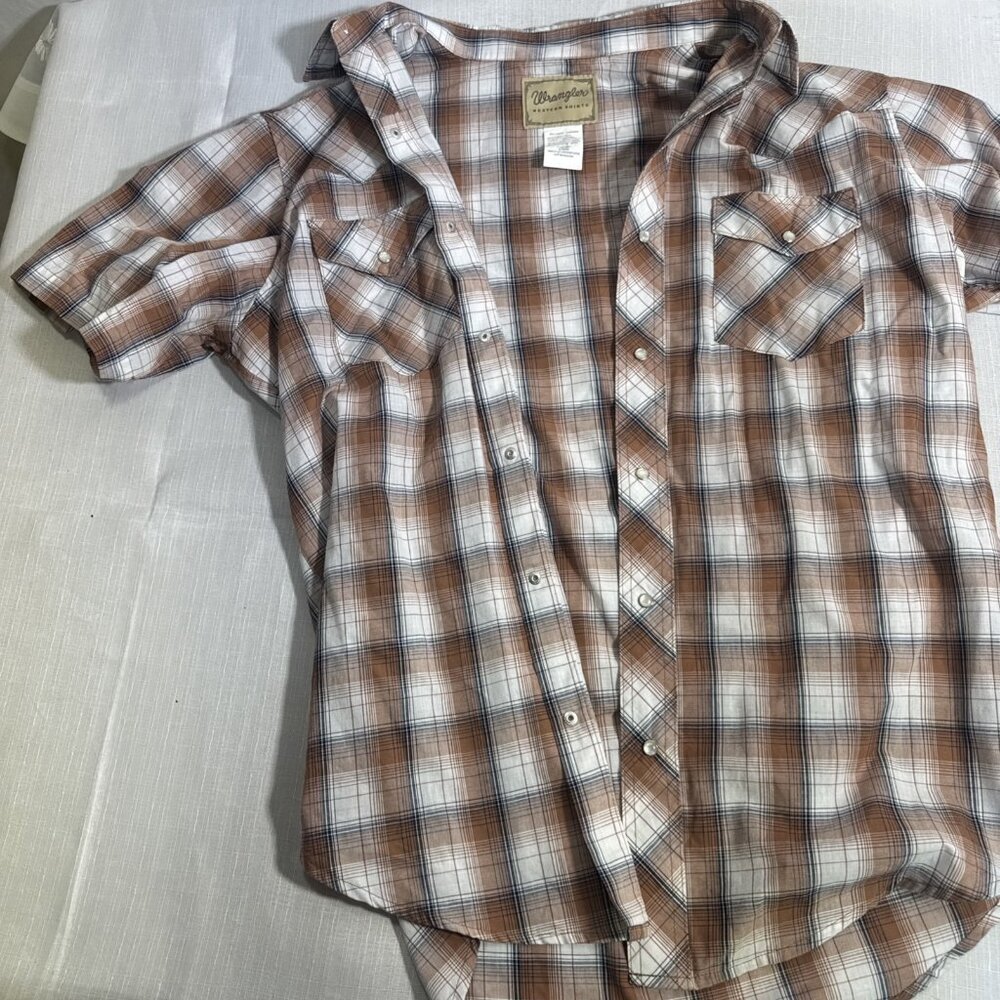 Wrangler Western Plaid Snap Shirt Men’s Large Brown Tan Pearl Snap